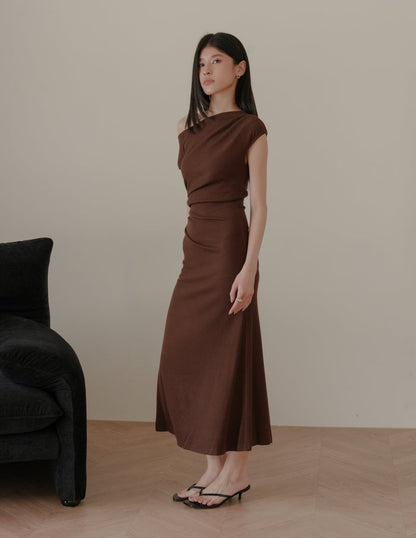 Louise Ruched Knit Dress in Brown