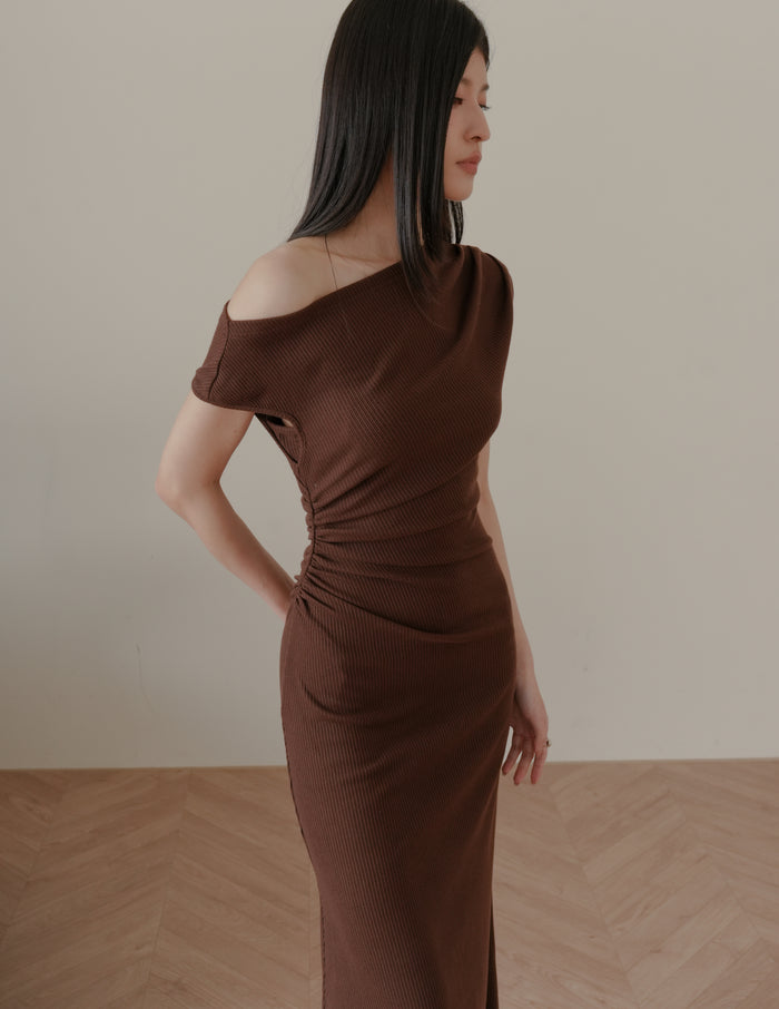 Louise Ruched Knit Dress in Brown