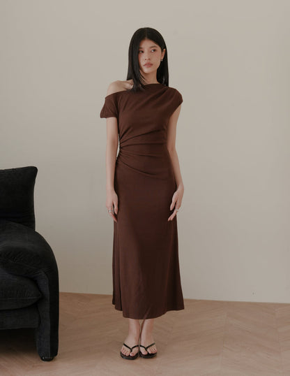 Louise Ruched Knit Dress in Brown