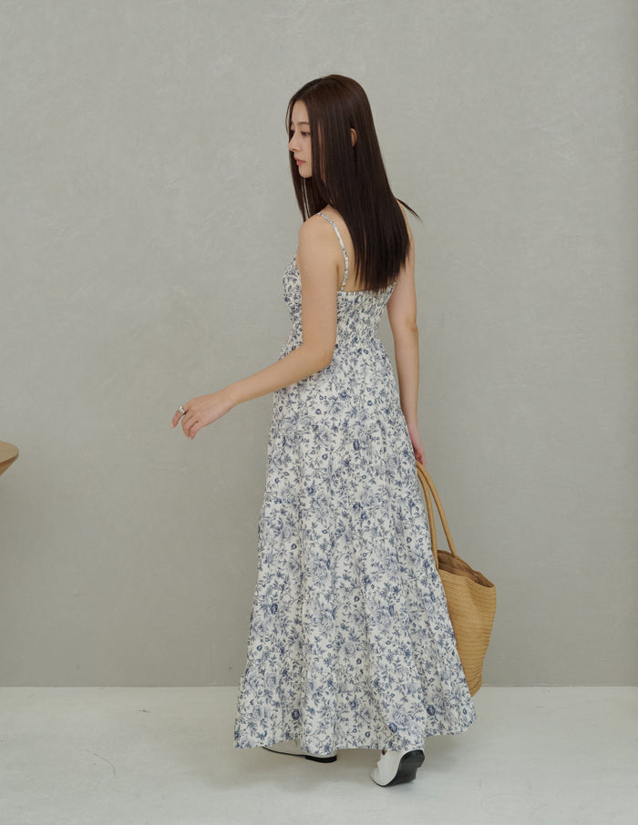 Lyndsey Padded Maxi Dress in Blue Floral