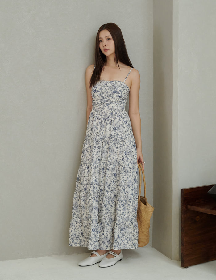 Lyndsey Padded Maxi Dress in Blue Floral