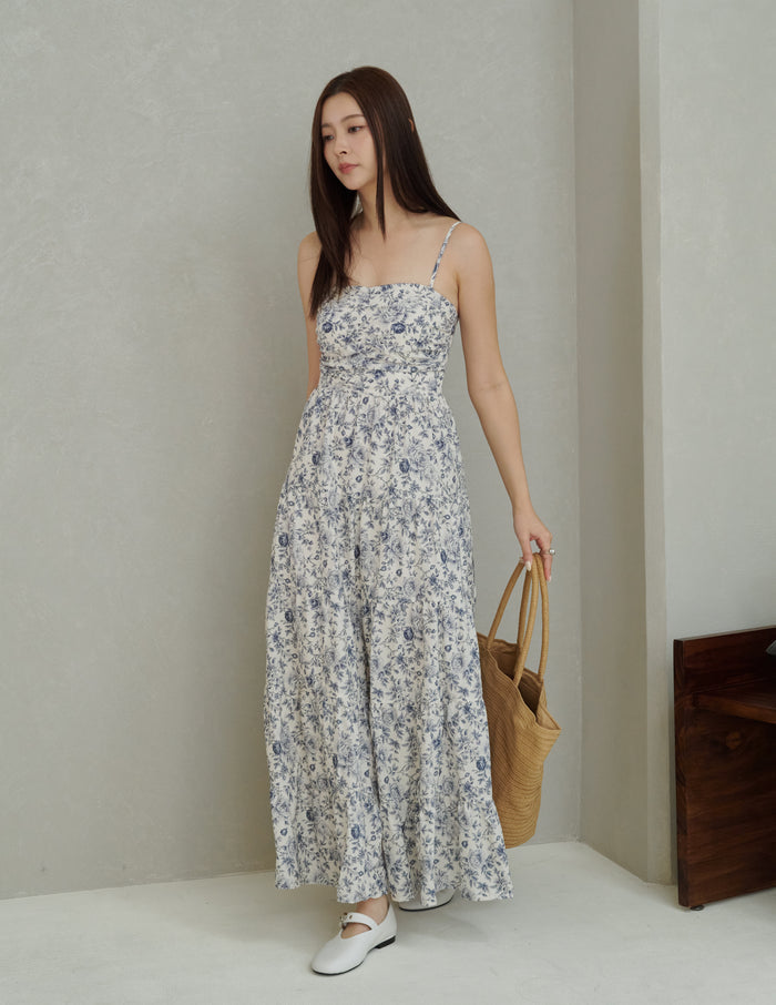 Lyndsey Padded Maxi Dress in Blue Floral