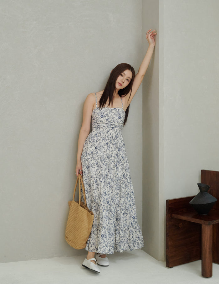 Lyndsey Padded Maxi Dress in Blue Floral