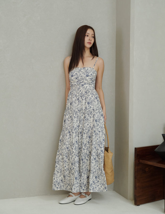 Lyndsey Padded Maxi Dress in Blue Floral