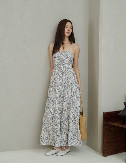Lyndsey Padded Maxi Dress in Blue Floral