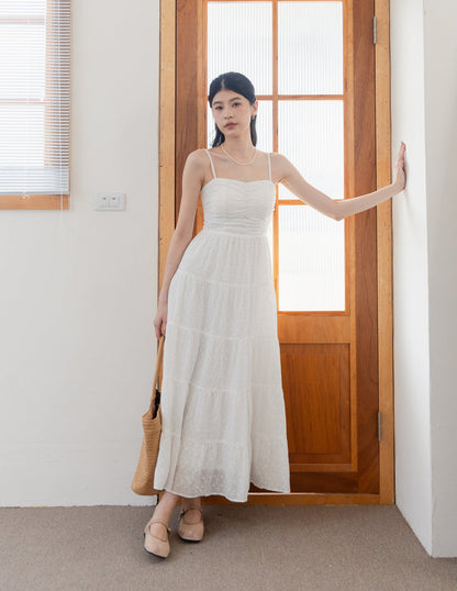 Lyndsey Padded Maxi Dress in White Eyelet