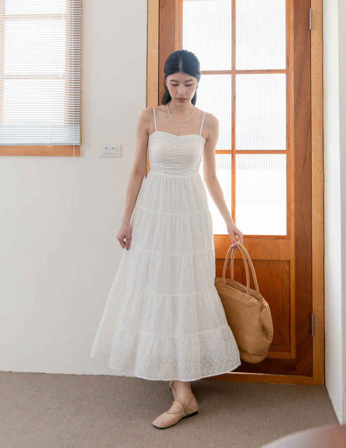 Lyndsey Padded Maxi Dress in White Eyelet