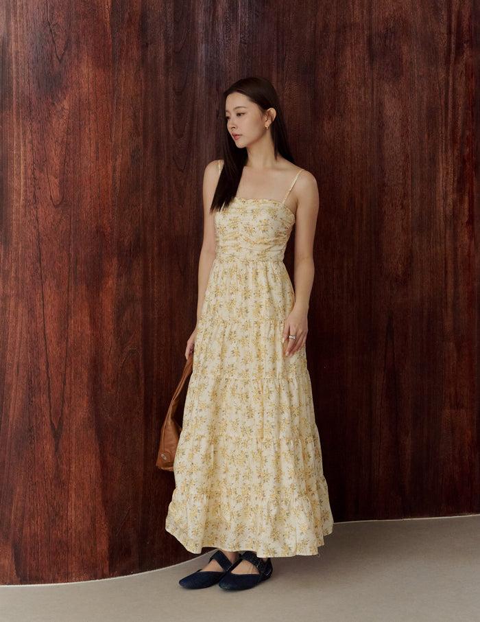 Lyndsey Padded Maxi Dress in Yellow Floral