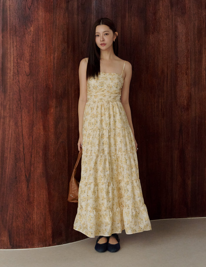Lyndsey Padded Maxi Dress in Yellow Floral