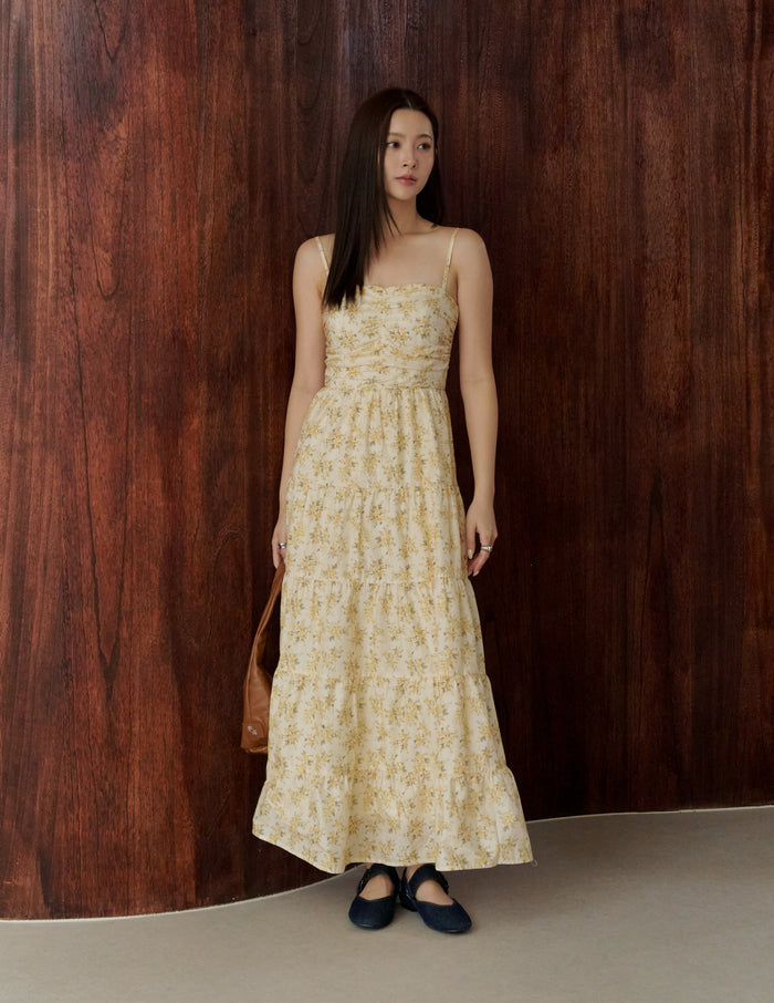 Lyndsey Padded Maxi Dress in Yellow Floral