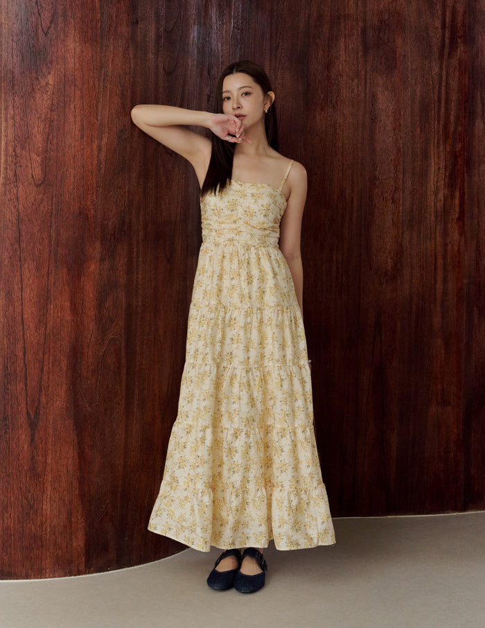 Lyndsey Padded Maxi Dress in Yellow Floral