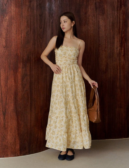 Lyndsey Padded Maxi Dress in Yellow Floral
