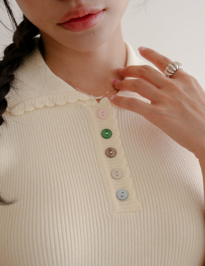 Margot Scallop Polo Top in Cream