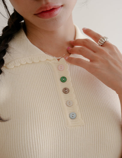 Margot Scallop Polo Top in Cream