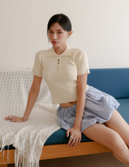 Margot Scallop Polo Top in Cream