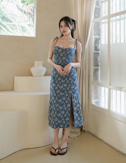 Myra Floral Denim Dress in Dark Wash