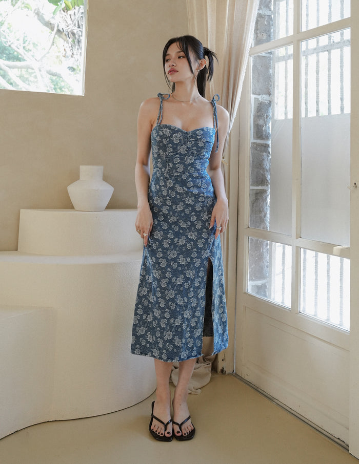 Myra Floral Denim Dress in Dark Wash