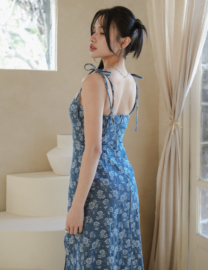 Myra Floral Denim Dress in Dark Wash