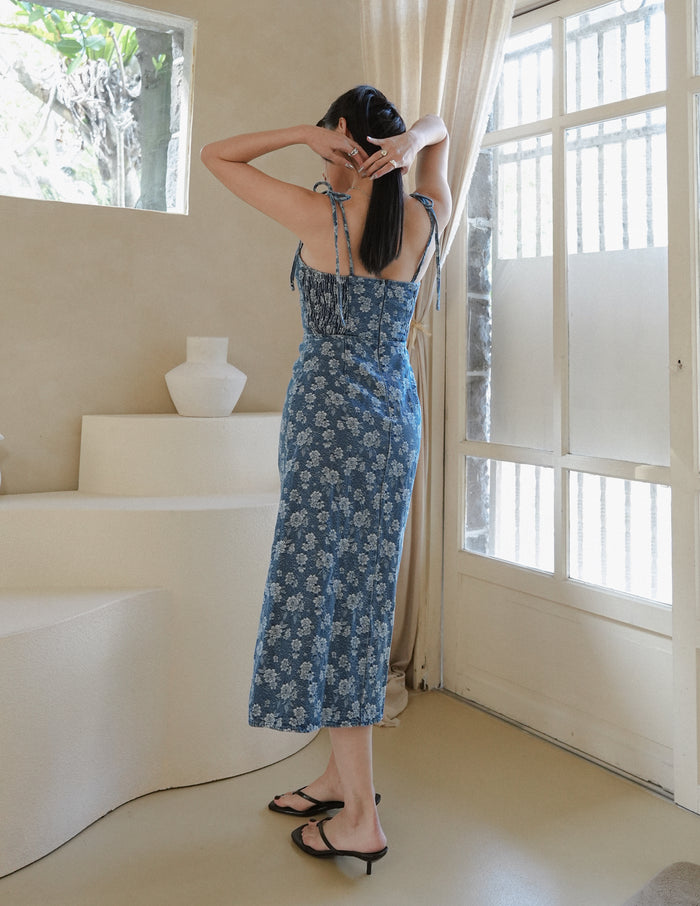 Myra Floral Denim Dress in Dark Wash