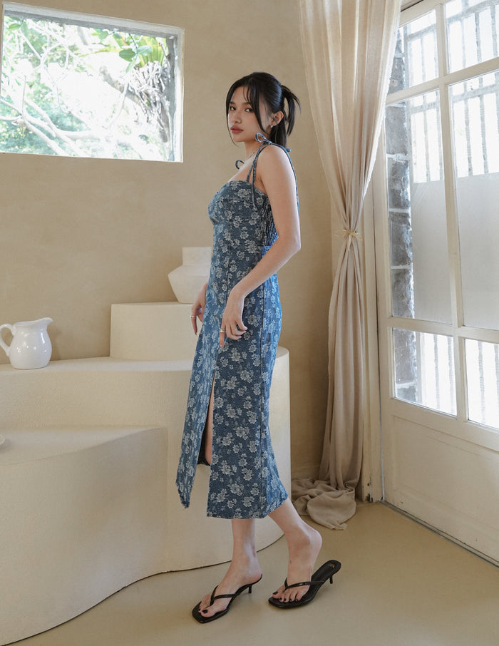Myra Floral Denim Dress in Dark Wash