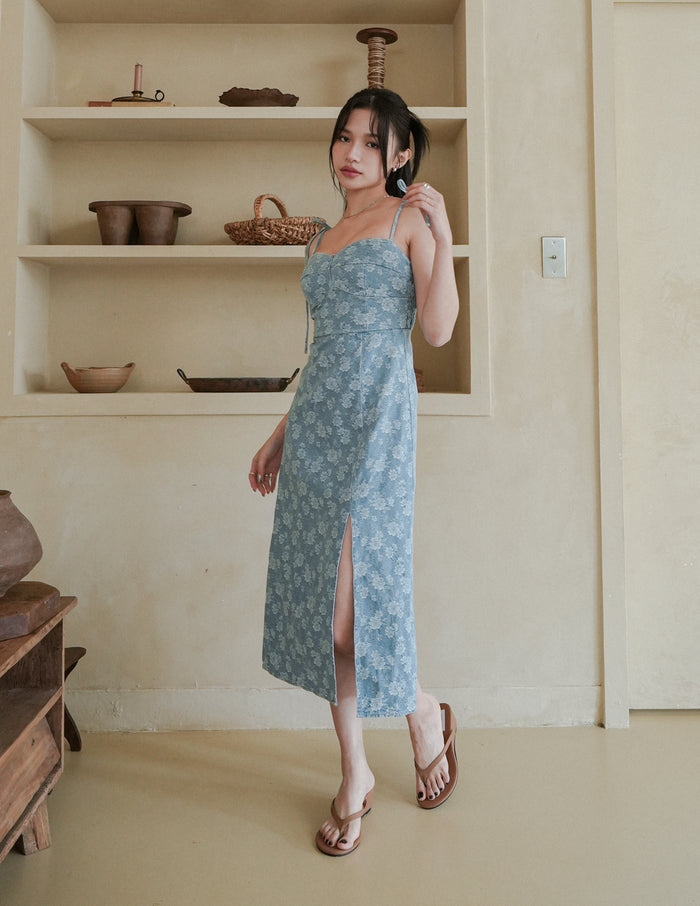 Myra Floral Denim Dress in Light Wash