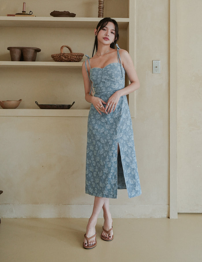 Myra Floral Denim Dress in Light Wash