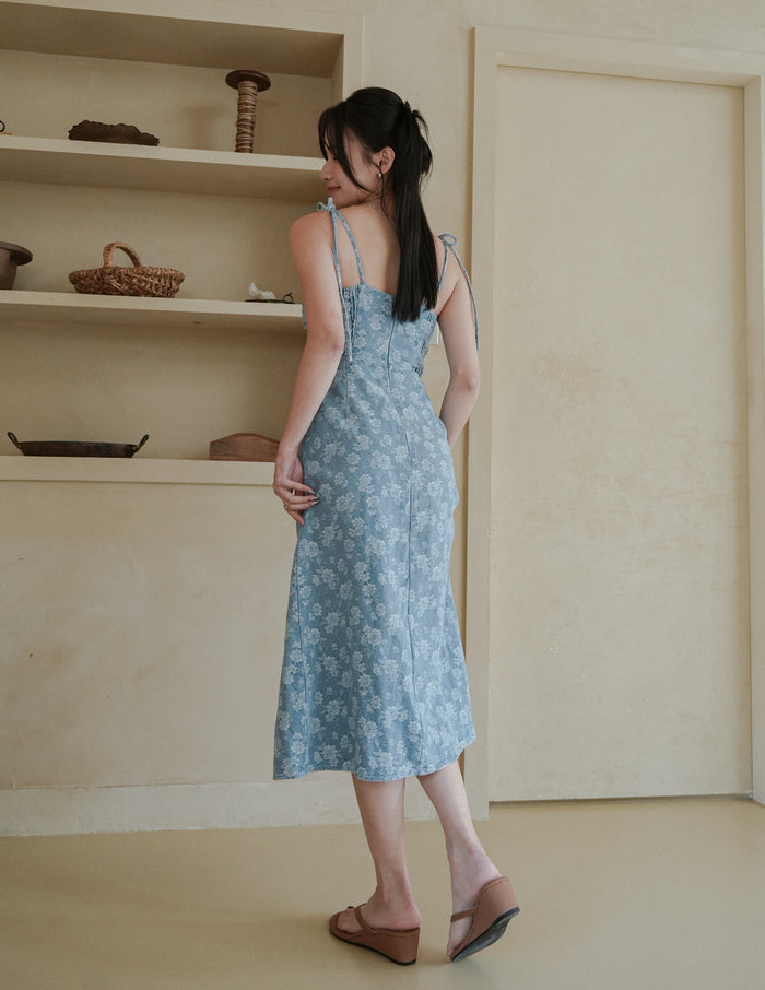 Myra Floral Denim Dress in Light Wash