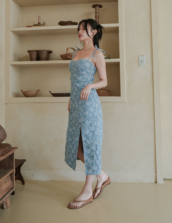 Myra Floral Denim Dress in Light Wash