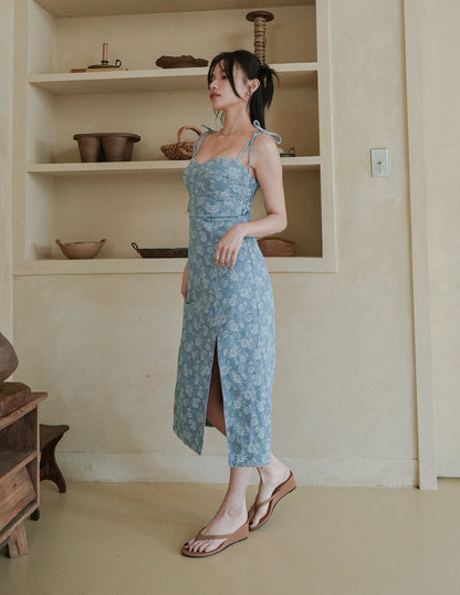 Myra Floral Denim Dress in Light Wash
