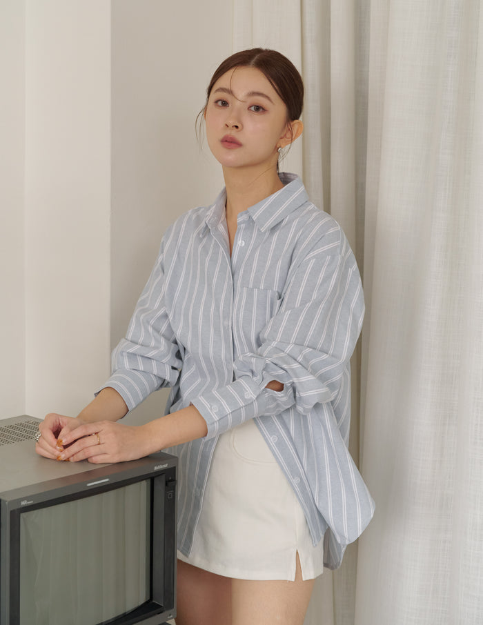 Nikki Pinstripe Oversized Shirt in Grey Blue