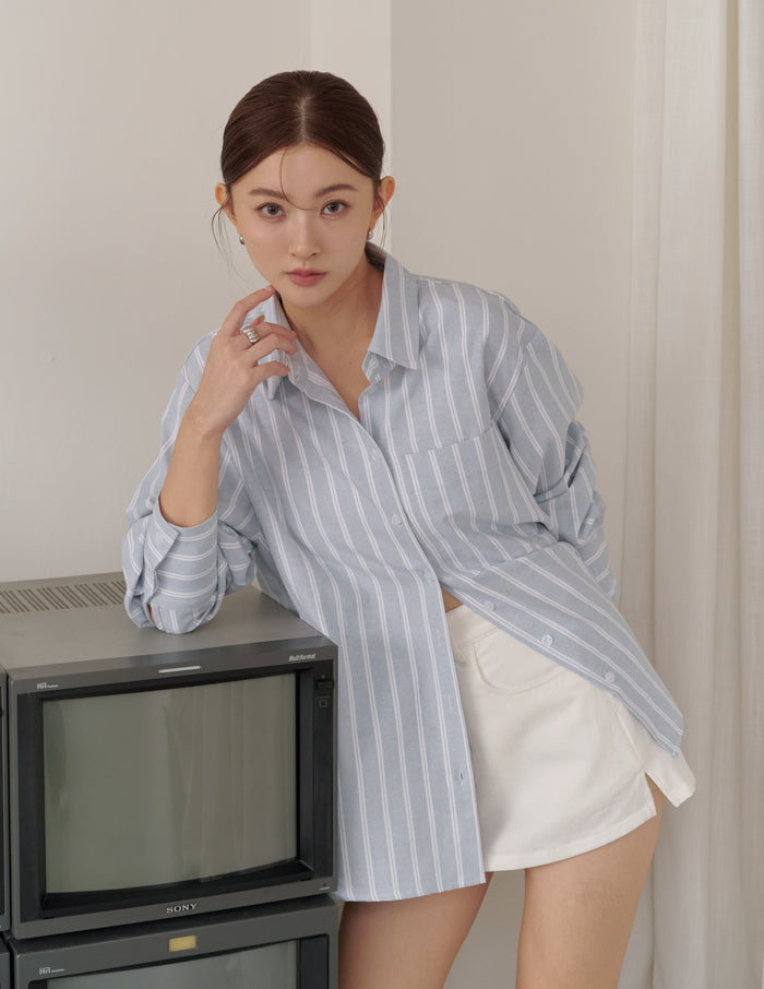 Nikki Pinstripe Oversized Shirt in Grey Blue