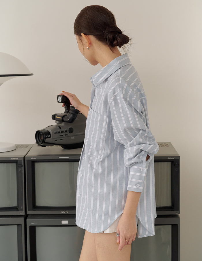 Nikki Pinstripe Oversized Shirt in Grey Blue