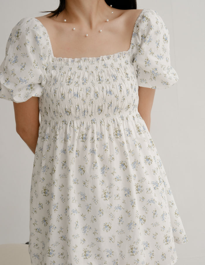 Nola Smocked Babydoll Dress in Blue Meadow