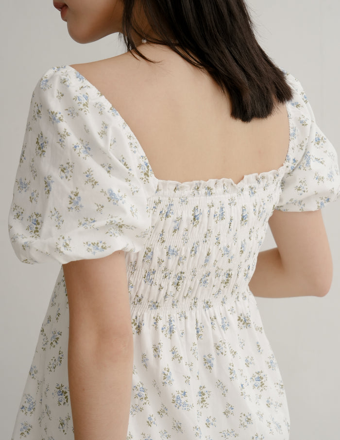 Nola Smocked Babydoll Dress in Blue Meadow