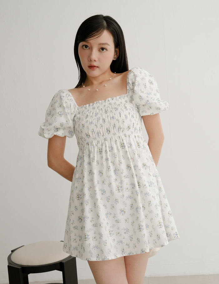 Nola Smocked Babydoll Dress in Blue Meadow