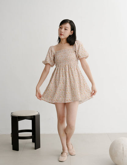 Nola Smocked Babydoll Dress in Sunset Garden