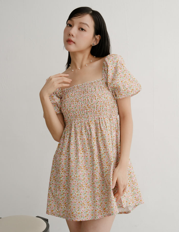 Nola Smocked Babydoll Dress in Sunset Garden