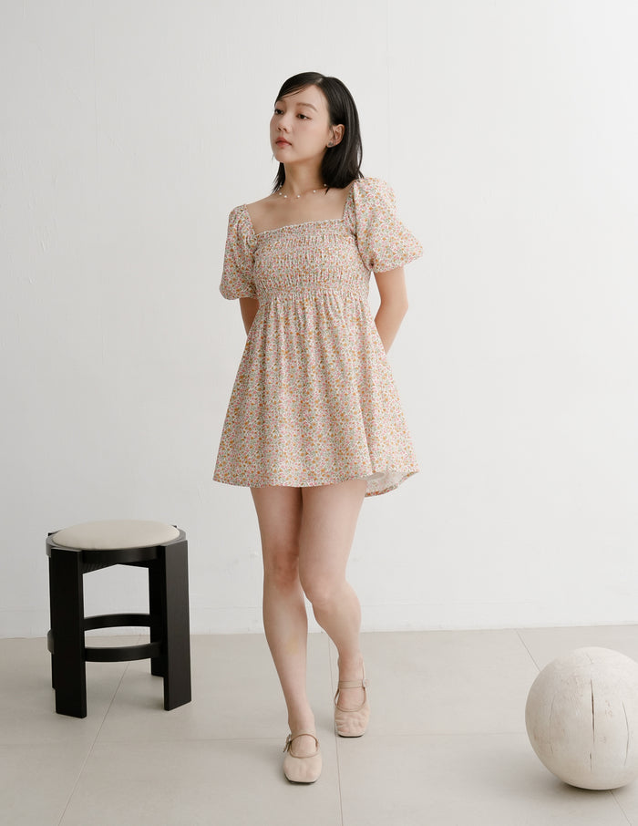 Nola Smocked Babydoll Dress in Sunset Garden