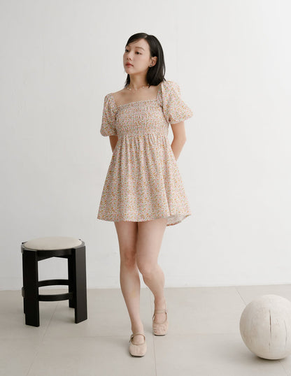 Nola Smocked Babydoll Dress in Sunset Garden