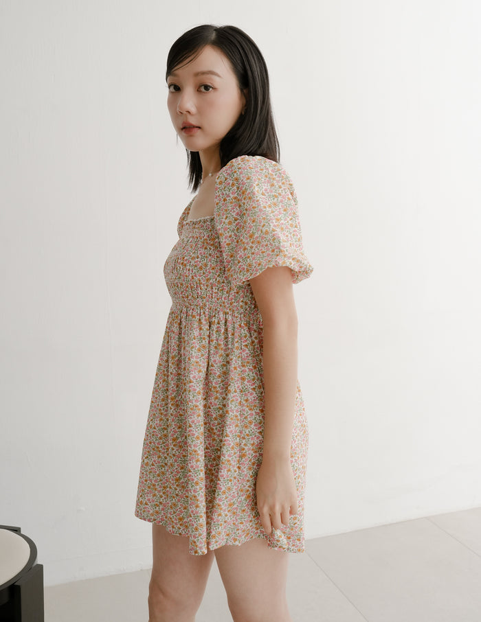 Nola Smocked Babydoll Dress in Sunset Garden