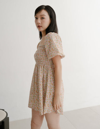 Nola Smocked Babydoll Dress in Sunset Garden