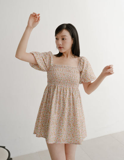 Nola Smocked Babydoll Dress in Sunset Garden