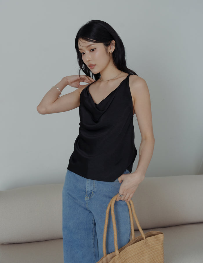 Nova Cowl Satin Top in Black