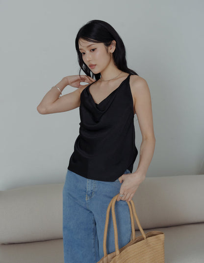 Nova Cowl Satin Top in Black