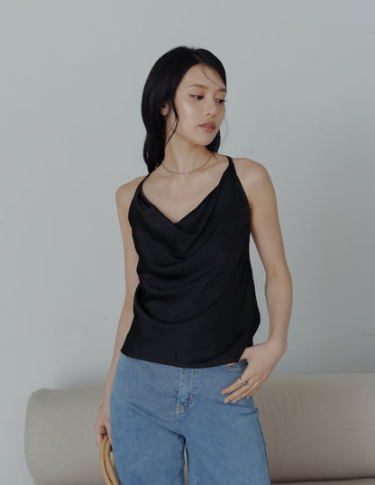 Nova Cowl Satin Top in Black