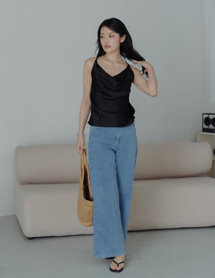 Nova Cowl Satin Top in Black