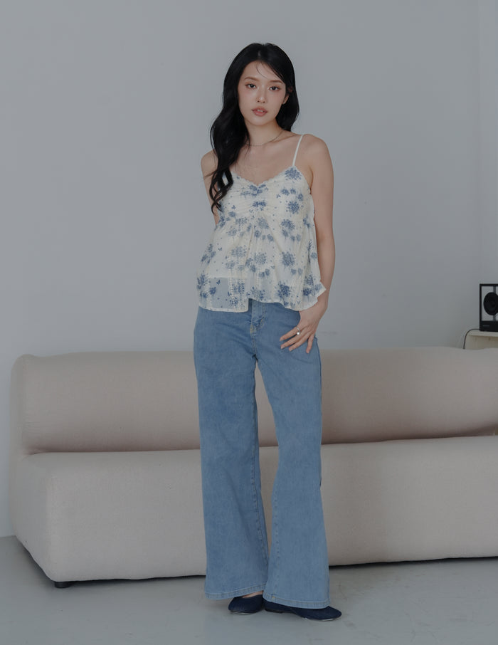 Rita Padded Babydoll Top in Blue Floral