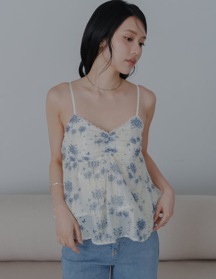 Rita Padded Babydoll Top in Blue Floral