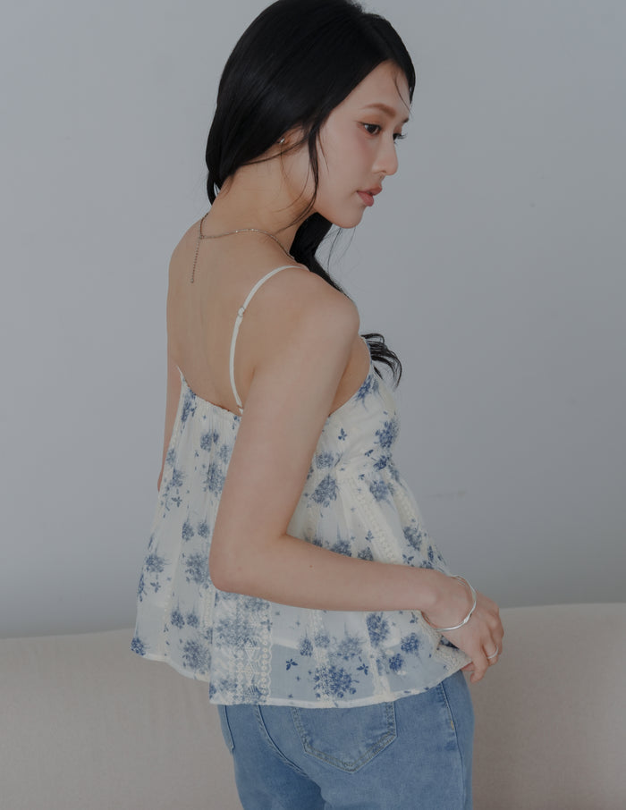 Rita Padded Babydoll Top in Blue Floral