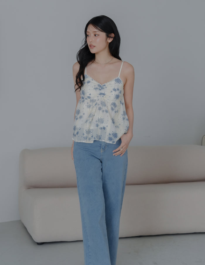 Rita Padded Babydoll Top in Blue Floral